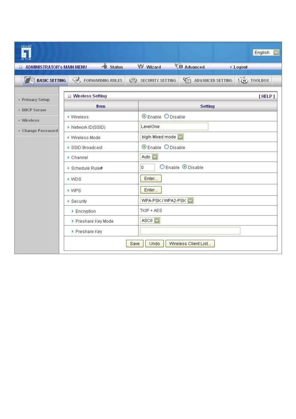 Wireless settings | LevelOne WBR-6603 User Manual | Page 28 / 76