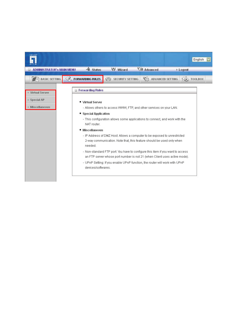 Orwarding, Ules, Forwarding rules | LevelOne WBR-6603 User Manual | Page 39 / 76