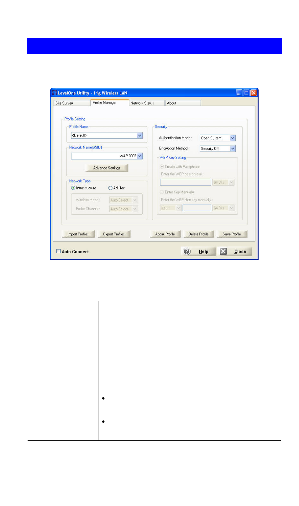 Profile manager screen, Data - profile manager screen, Rofile | Anager, Creen | LevelOne WNC-0305USB User Manual | Page 11 / 23