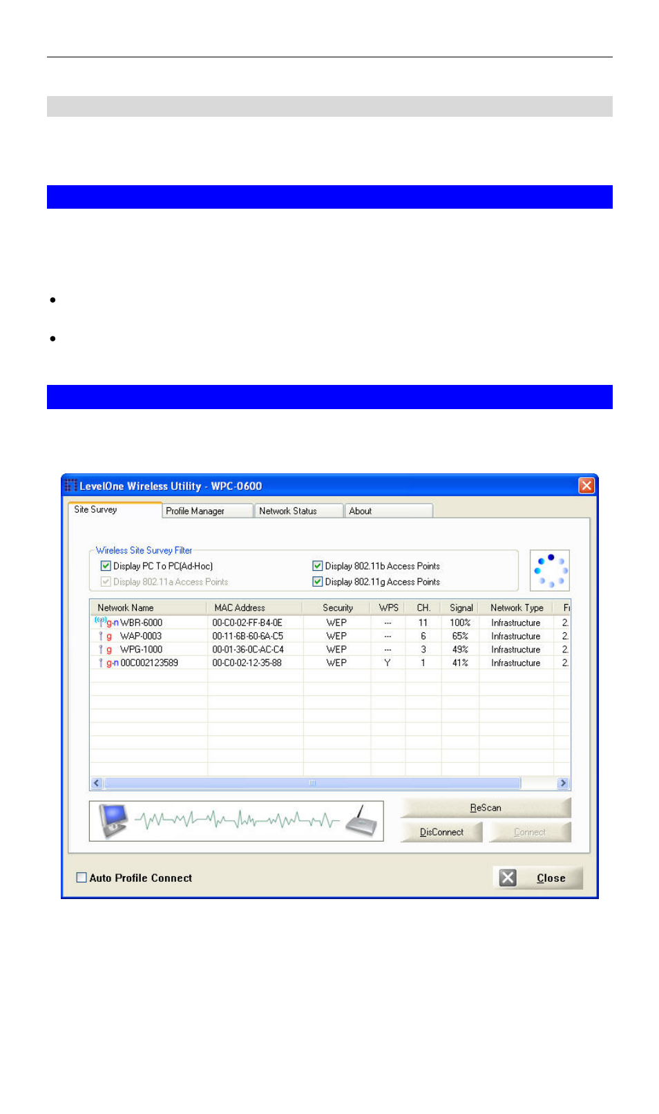 Connecting to a wireless network, Auto connect, Site survey screen | LevelOne WPC-0600 User Manual | Page 14 / 28