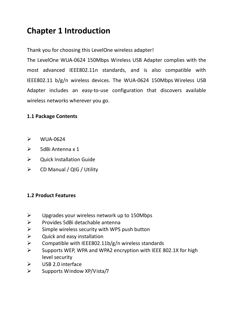 Chapter 1 introduction, Ackage, Ontents | Roduct, Eatures | LevelOne WUA-0624 User Manual | Page 3 / 31
