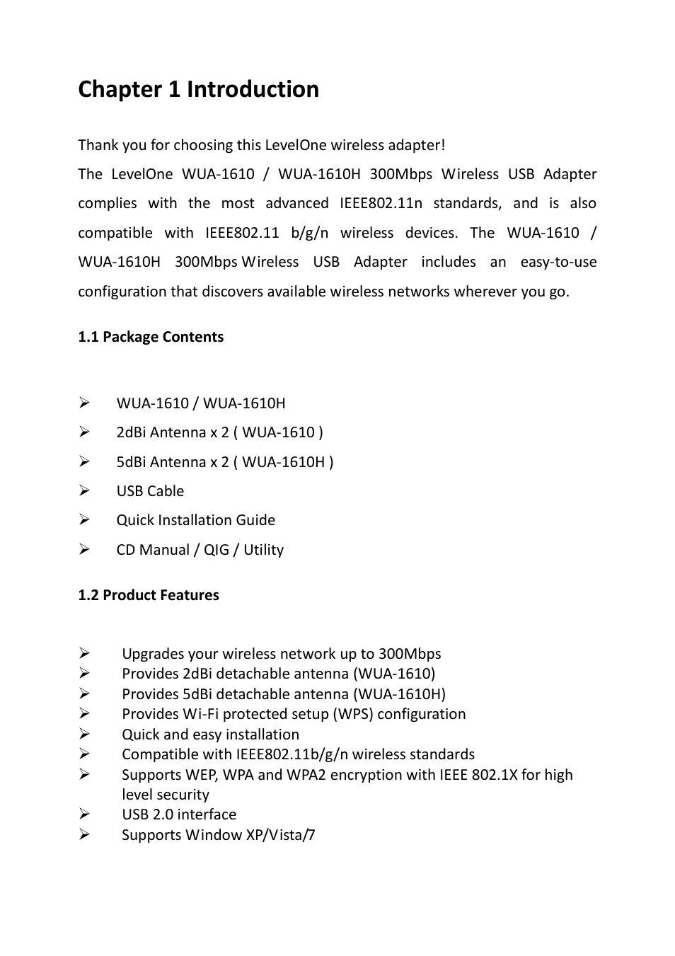 Chapter 1 introduction, Ackage, Ontents | Roduct, Eatures | LevelOne WUA-1610H User Manual | Page 3 / 31