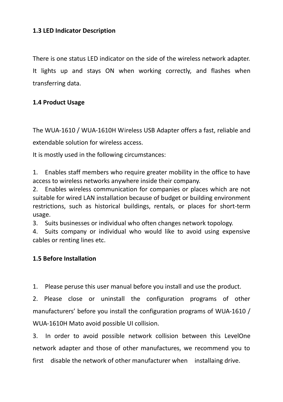 Ndicator, Escription, Roduct | Sage, Efore, Nstallation | LevelOne WUA-1610H User Manual | Page 4 / 31