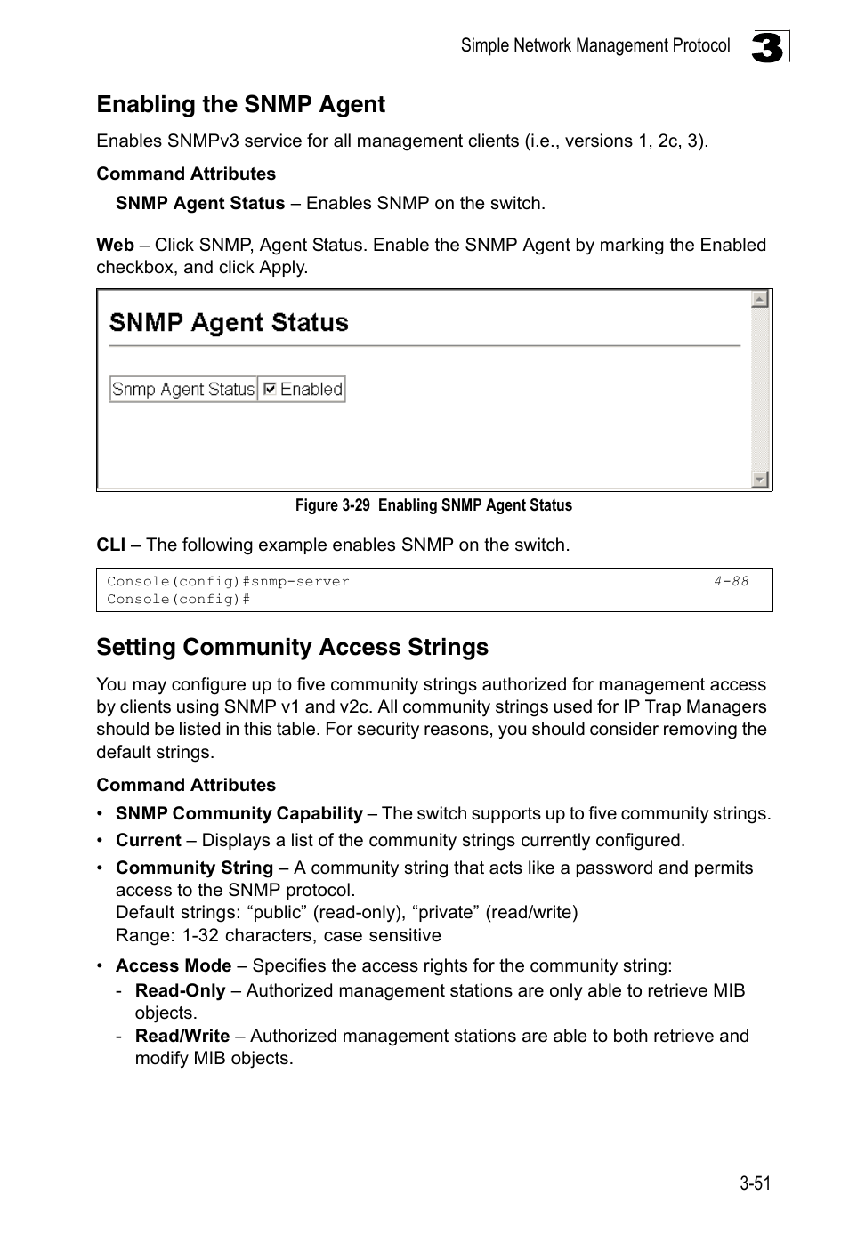 Enabling the snmp agent, Setting community access strings, Figure 3-29 | Enabling snmp agent status | LevelOne FGL-2870 User Manual | Page 105 / 800