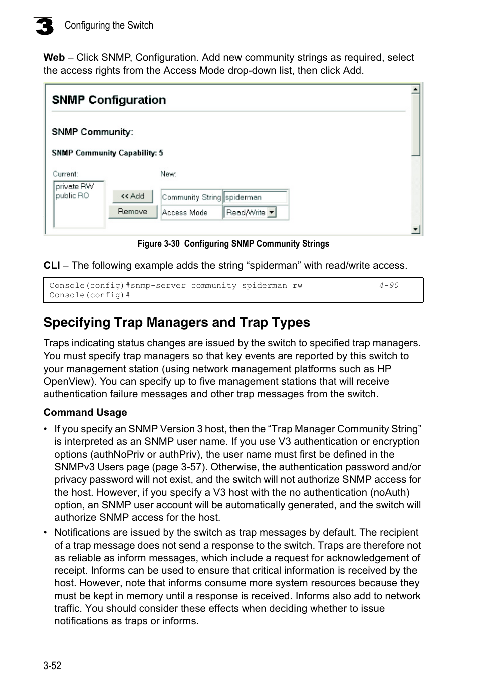 Specifying trap managers and trap types, Figure 3-30, Configuring snmp community strings | LevelOne FGL-2870 User Manual | Page 106 / 800