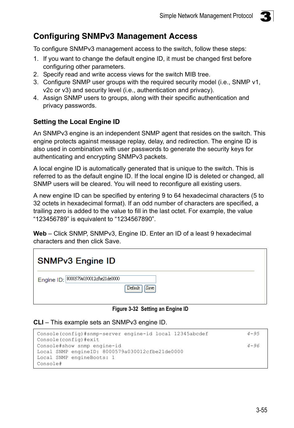 Configuring snmpv3 management access, Setting the local engine id, Figure 3-32 | Setting an engine id | LevelOne FGL-2870 User Manual | Page 109 / 800