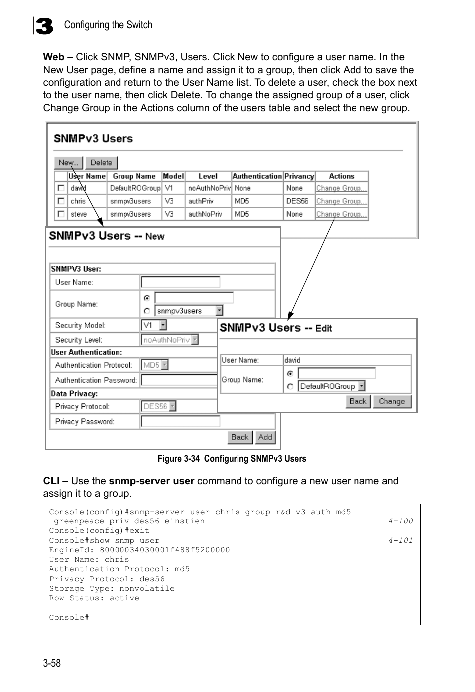 Figure 3-34, Configuring snmpv3 users | LevelOne FGL-2870 User Manual | Page 112 / 800