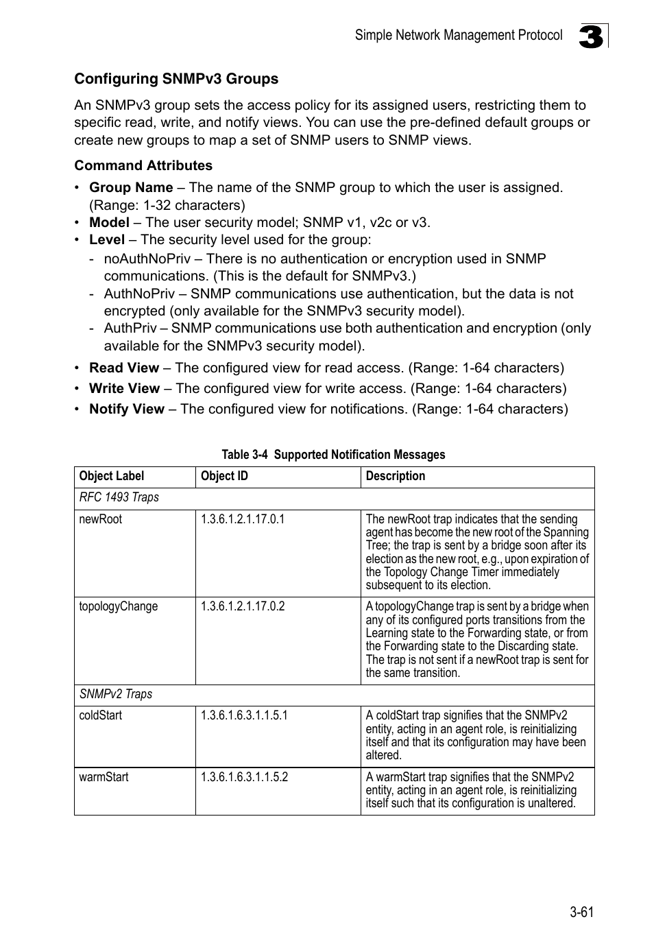 Configuring snmpv3 groups, Table 3-4, Supported notification messages | LevelOne FGL-2870 User Manual | Page 115 / 800