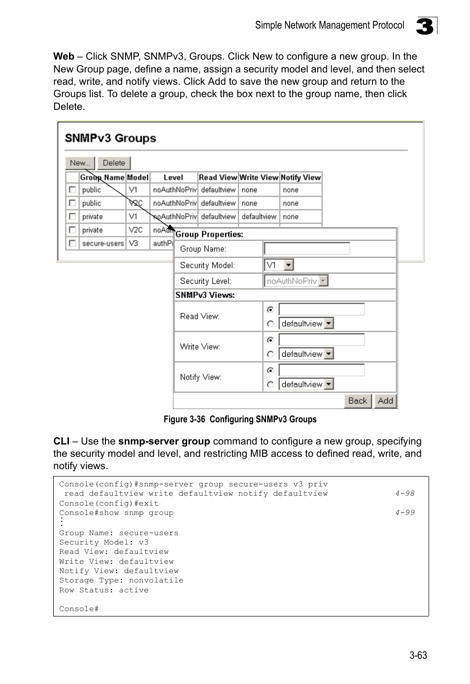 Figure 3-36, Configuring snmpv3 groups | LevelOne FGL-2870 User Manual | Page 117 / 800