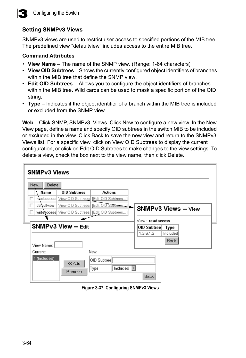 Setting snmpv3 views, Figure 3-37, Configuring snmpv3 views | LevelOne FGL-2870 User Manual | Page 118 / 800
