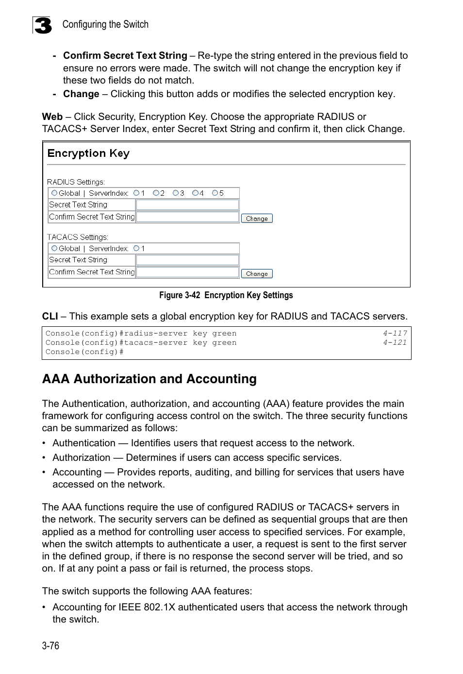 Aaa authorization and accounting, Figure 3-42, Encryption key settings | LevelOne FGL-2870 User Manual | Page 130 / 800