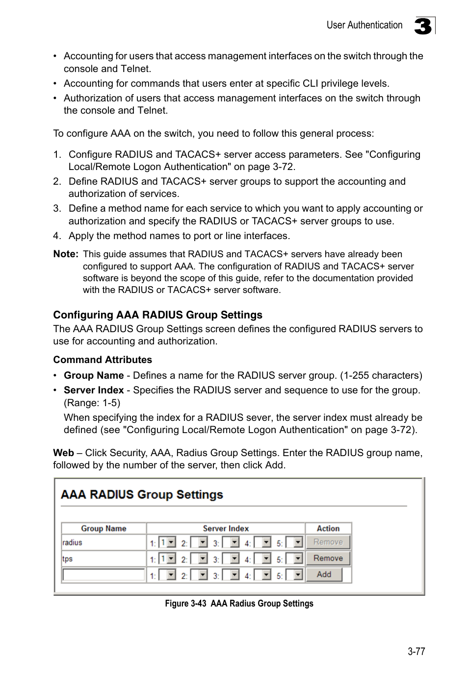 Configuring aaa radius group settings, Figure 3-43, Aaa radius group settings | LevelOne FGL-2870 User Manual | Page 131 / 800