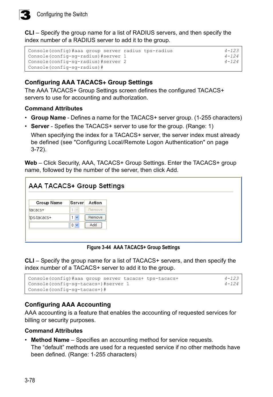 Configuring aaa tacacs+ group settings, Configuring aaa accounting, Figure 3-44 | Aaa tacacs+ group settings | LevelOne FGL-2870 User Manual | Page 132 / 800