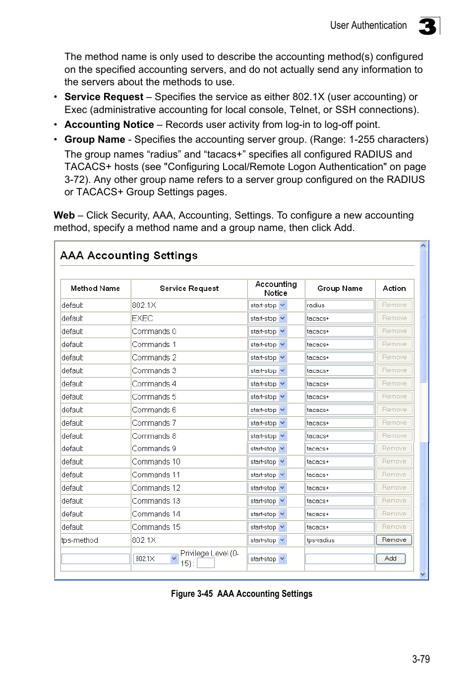 Figure 3-45, Aaa accounting settings | LevelOne FGL-2870 User Manual | Page 133 / 800