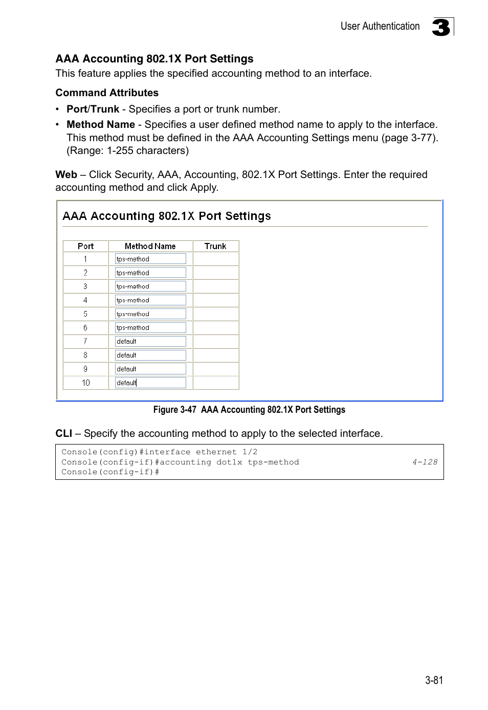 Aaa accounting 802.1x port settings, Figure 3-47 | LevelOne FGL-2870 User Manual | Page 135 / 800