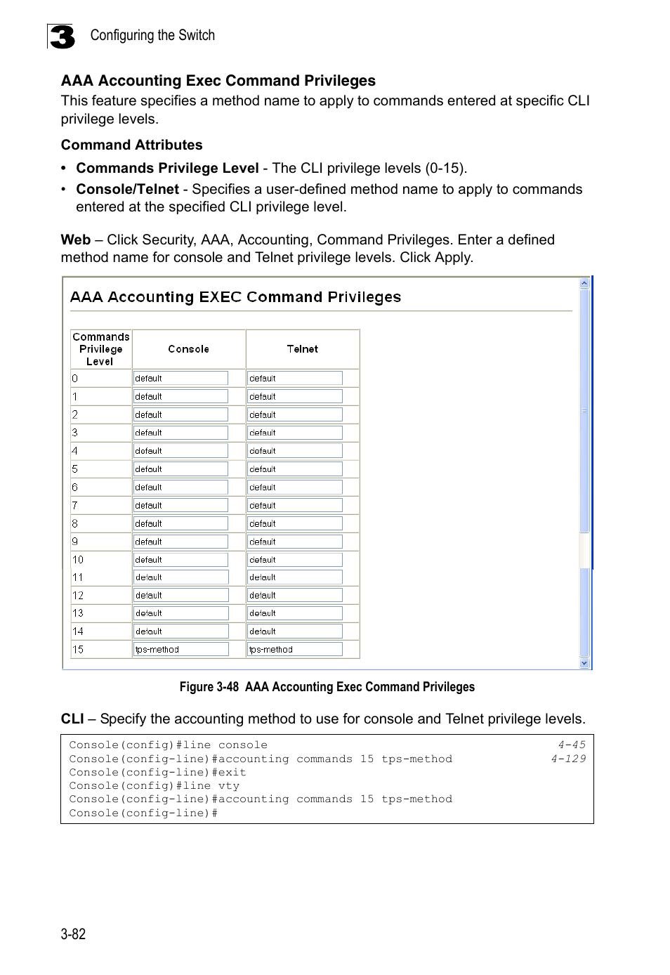 Aaa accounting exec command privileges, Figure 3-48 | LevelOne FGL-2870 User Manual | Page 136 / 800