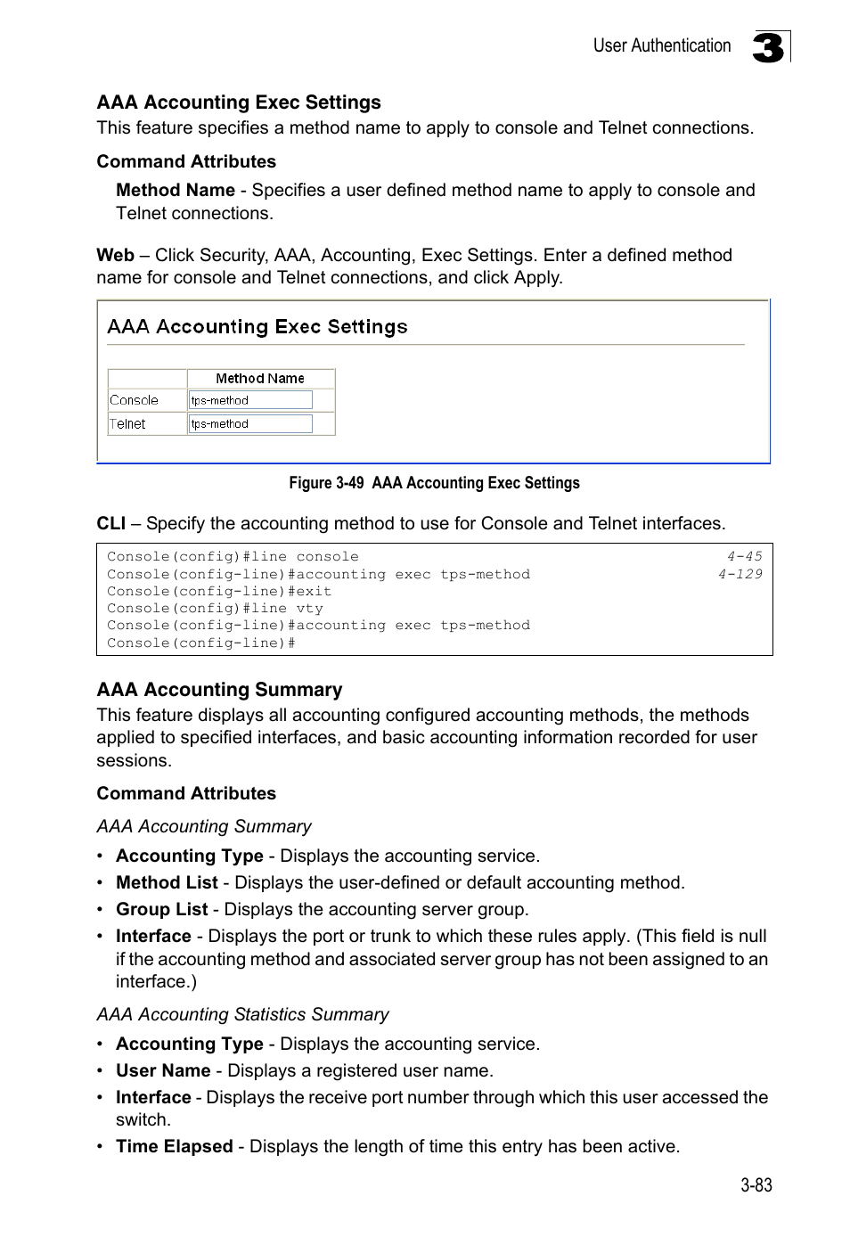 Aaa accounting exec settings, Aaa accounting summary, Figure 3-49 | LevelOne FGL-2870 User Manual | Page 137 / 800