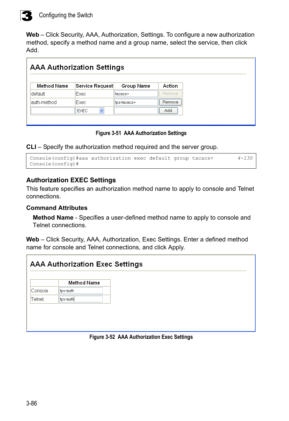 Authorization exec settings, Figure 3-51, Aaa authorization settings | Figure 3-52, Aaa authorization exec settings | LevelOne FGL-2870 User Manual | Page 140 / 800