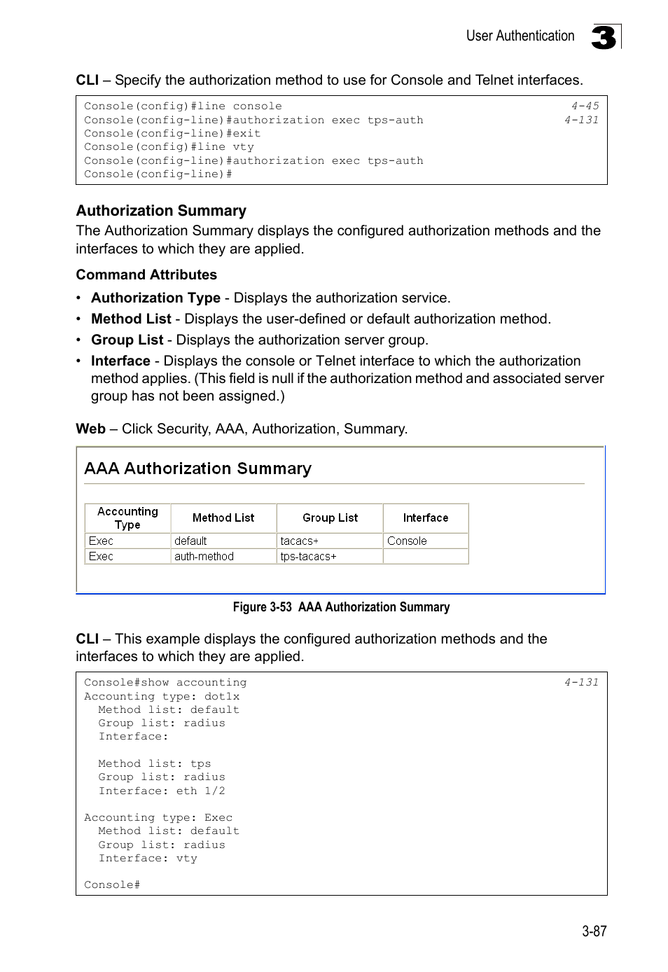 Authorization summary, Figure 3-53, Aaa authorization summary | LevelOne FGL-2870 User Manual | Page 141 / 800