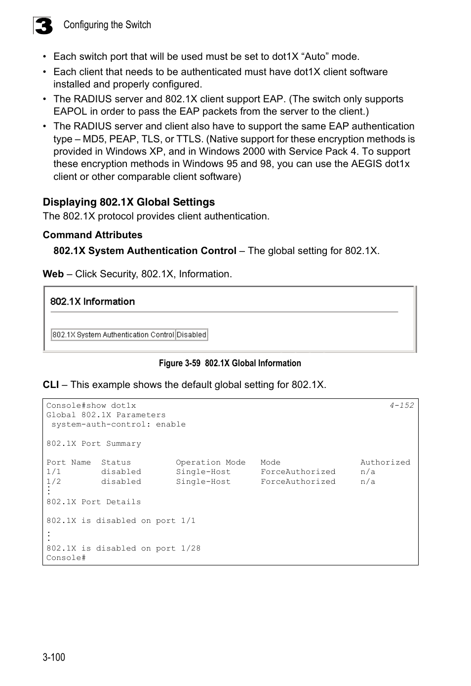 Displaying 802.1x global settings, Figure 3-59, 1x global information | LevelOne FGL-2870 User Manual | Page 154 / 800
