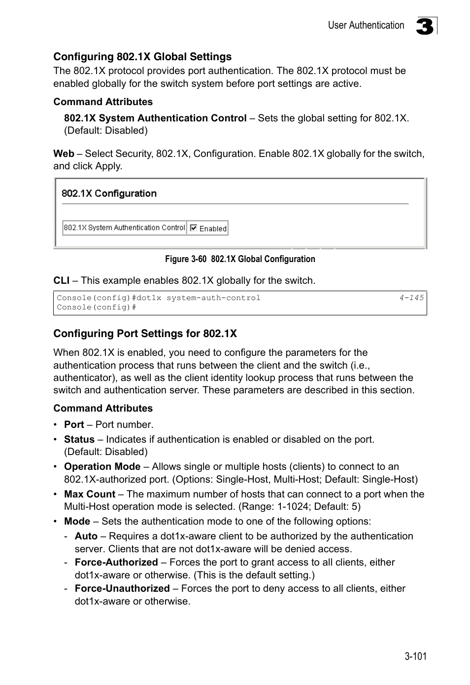 Configuring 802.1x global settings, Configuring port settings for 802.1x, Figure 3-60 | 1x global configuration | LevelOne FGL-2870 User Manual | Page 155 / 800