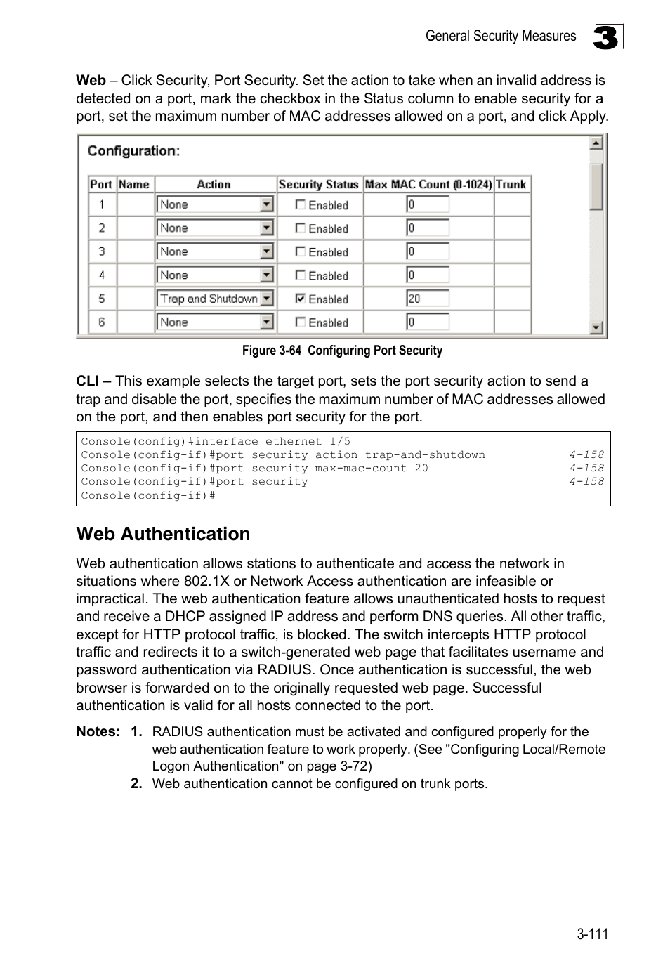 Web authentication, Figure 3-64, Configuring port security | LevelOne FGL-2870 User Manual | Page 165 / 800