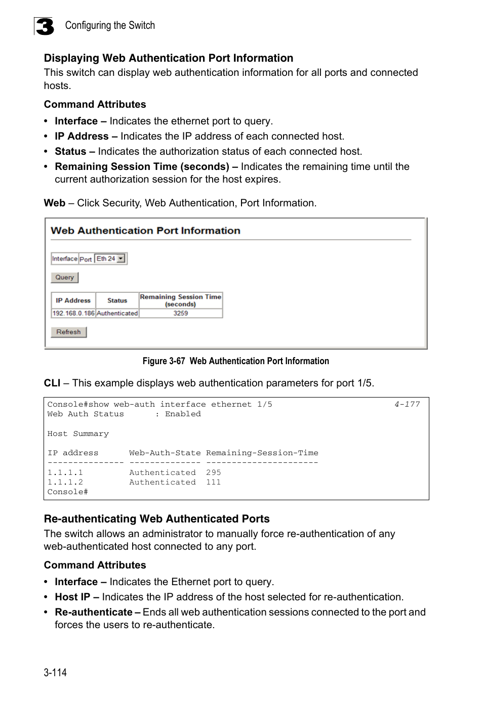 Displaying web authentication port information, Re-authenticating web authenticated ports, Figure 3-67 | Web authentication port information | LevelOne FGL-2870 User Manual | Page 168 / 800