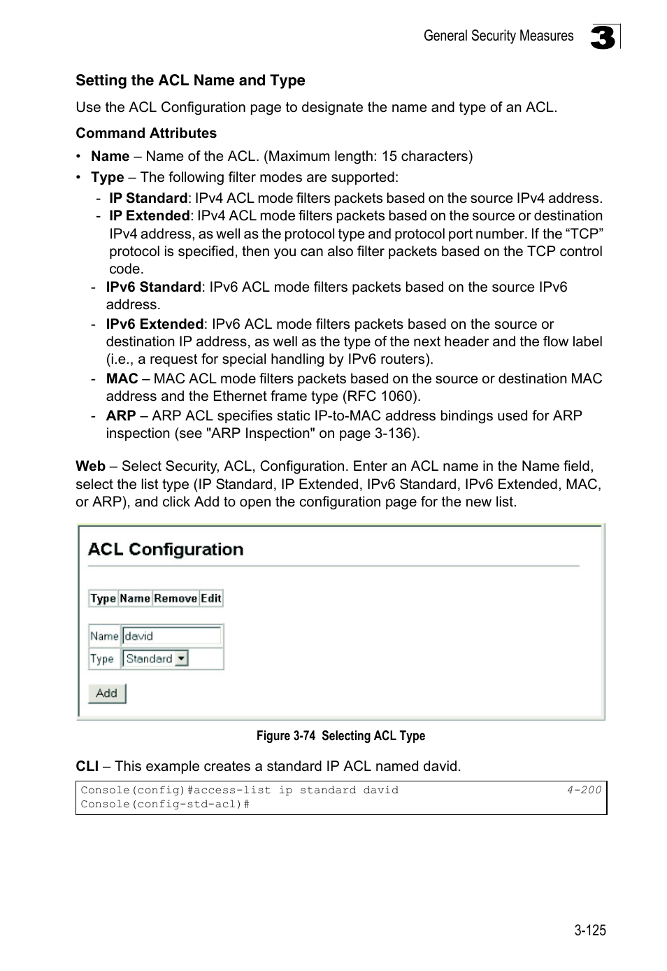 Setting the acl name and type, Figure 3-74, Selecting acl type | LevelOne FGL-2870 User Manual | Page 179 / 800