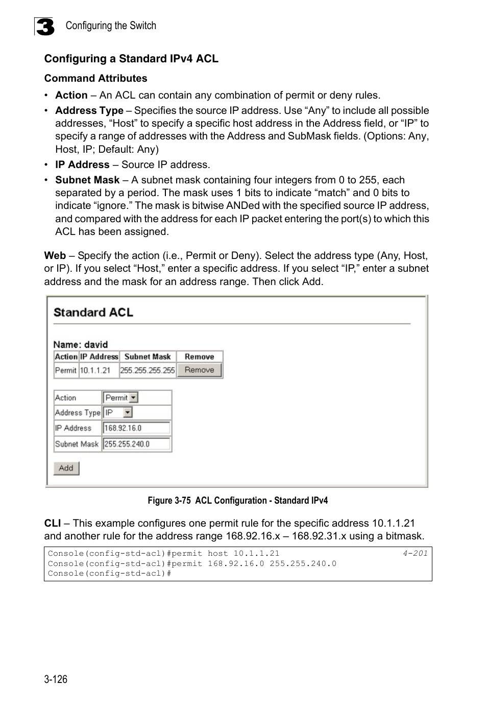 Configuring a standard ipv4 acl, Figure 3-75, Acl configuration - standard ipv4 | LevelOne FGL-2870 User Manual | Page 180 / 800