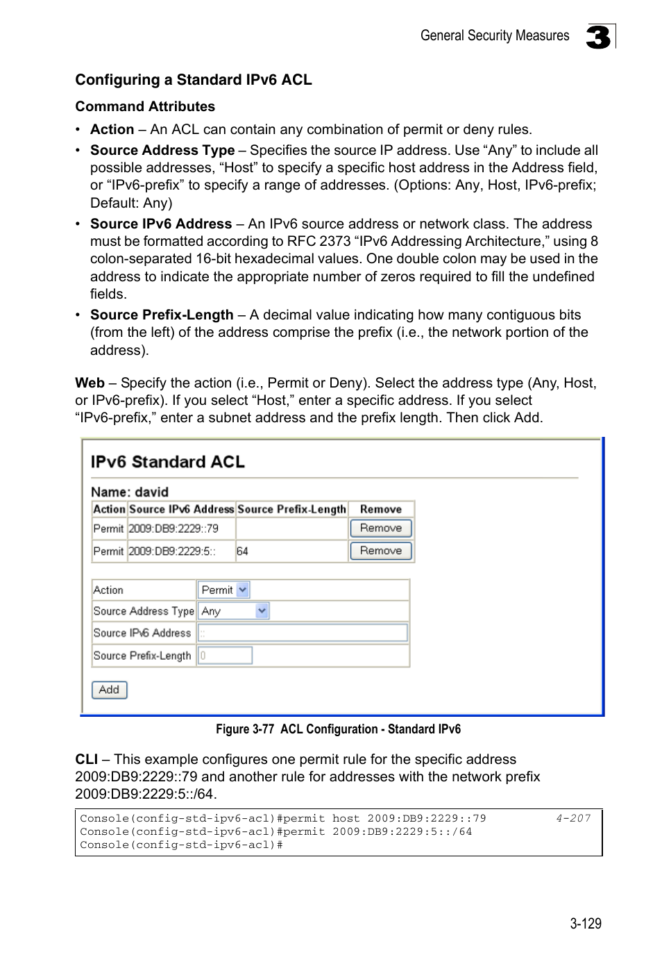 Configuring a standard ipv6 acl, Figure 3-77, Acl configuration - standard ipv6 | LevelOne FGL-2870 User Manual | Page 183 / 800