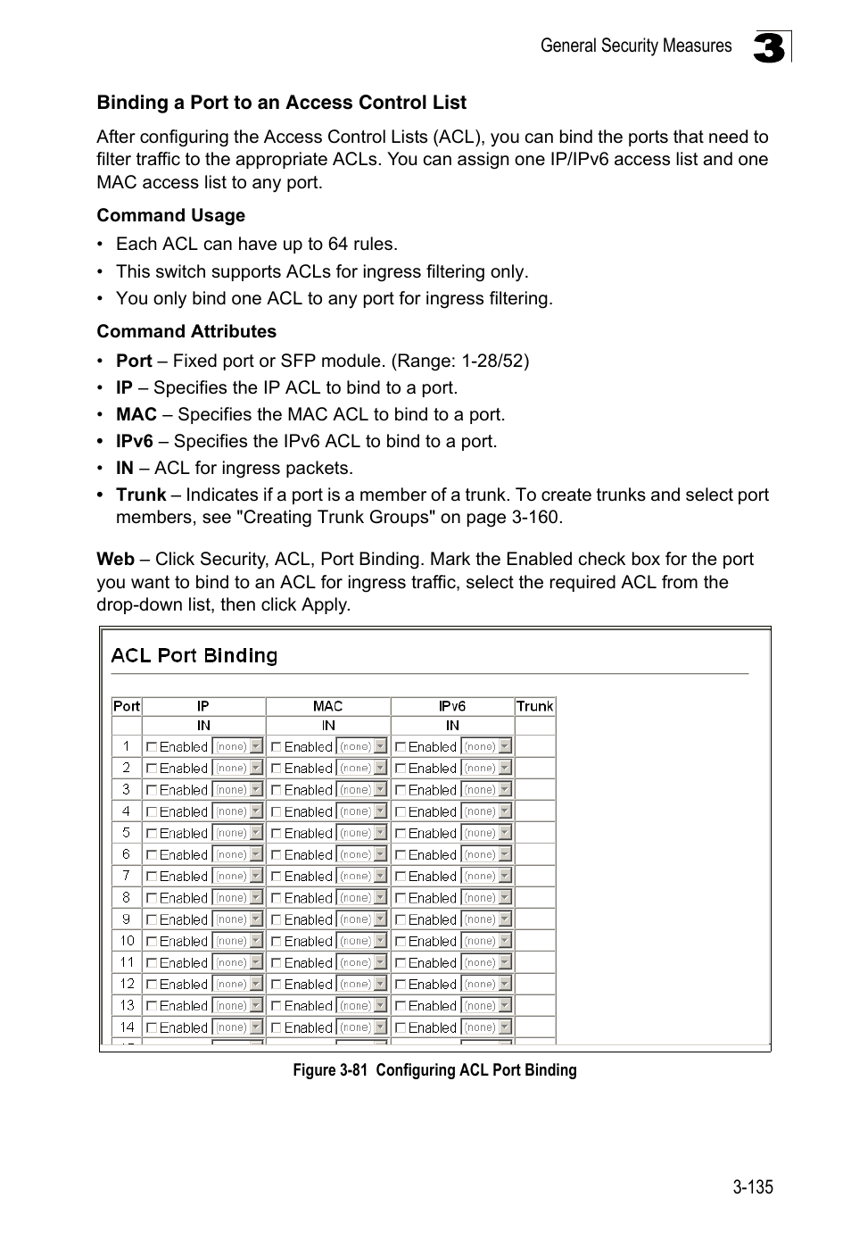 Binding a port to an access control list, Figure 3-81, Configuring acl port binding | LevelOne FGL-2870 User Manual | Page 189 / 800