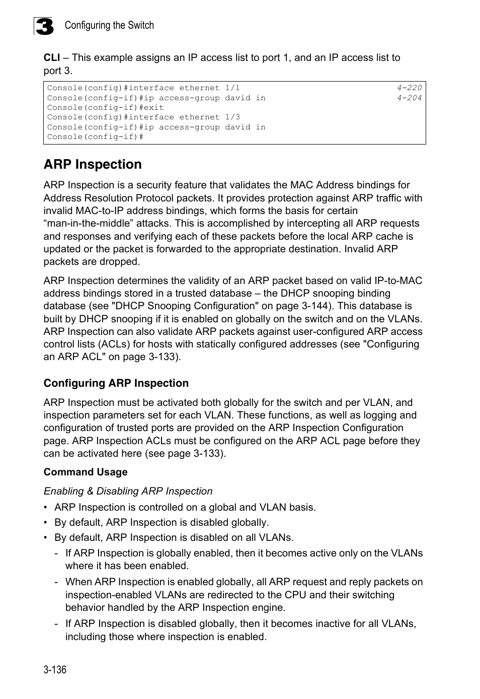 Arp inspection, Configuring arp inspection | LevelOne FGL-2870 User Manual | Page 190 / 800