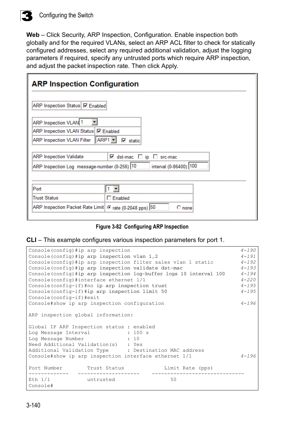 Figure 3-82, Configuring arp inspection, Configuring the switch 3-140 | LevelOne FGL-2870 User Manual | Page 194 / 800