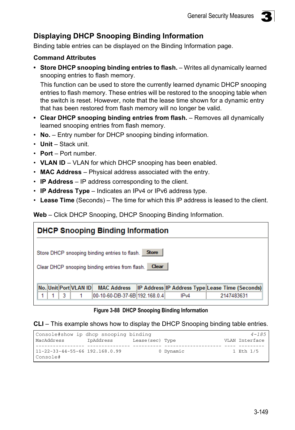 Displaying dhcp snooping binding information, Figure 3-88, Dhcp snooping binding information | LevelOne FGL-2870 User Manual | Page 203 / 800