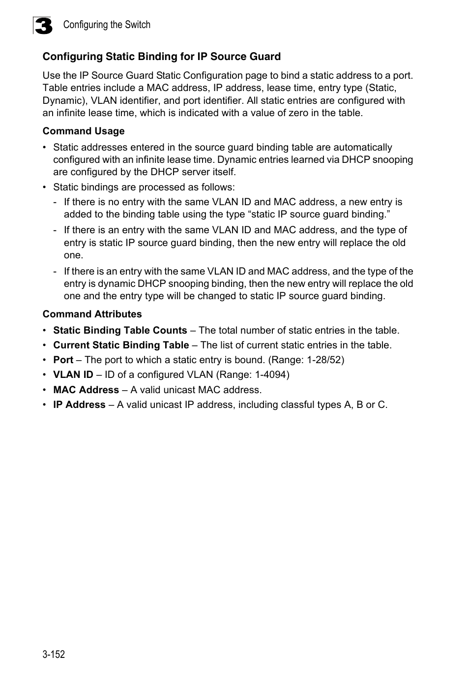 Configuring static binding for ip source guard | LevelOne FGL-2870 User Manual | Page 206 / 800