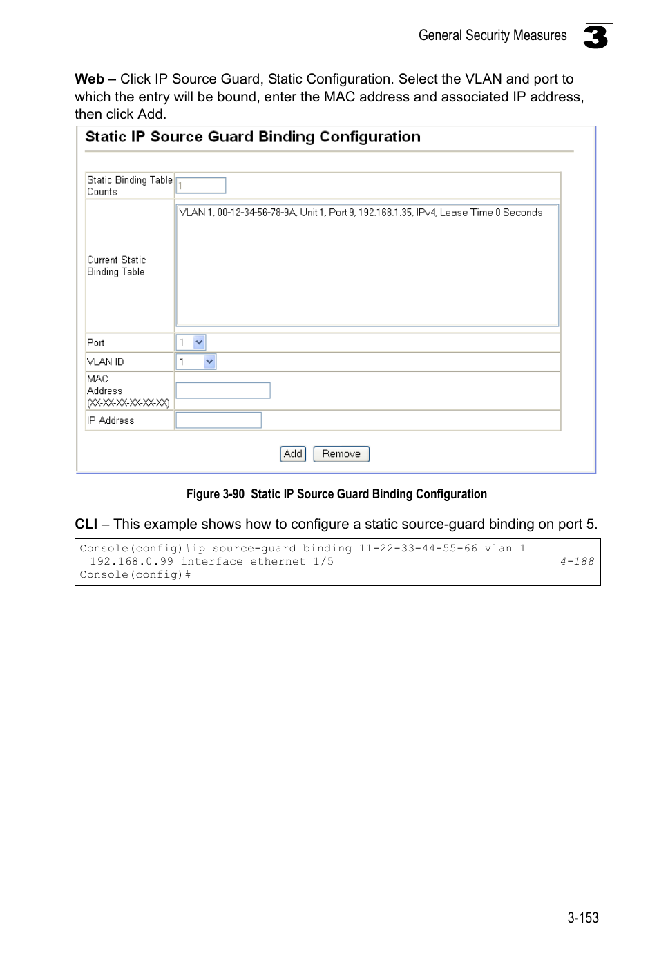 Figure 3-90, Static ip source guard binding configuration | LevelOne FGL-2870 User Manual | Page 207 / 800