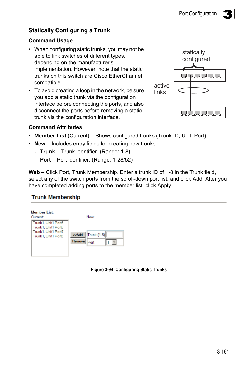 Statically configuring a trunk, Figure 3-94, Configuring static trunks | LevelOne FGL-2870 User Manual | Page 215 / 800