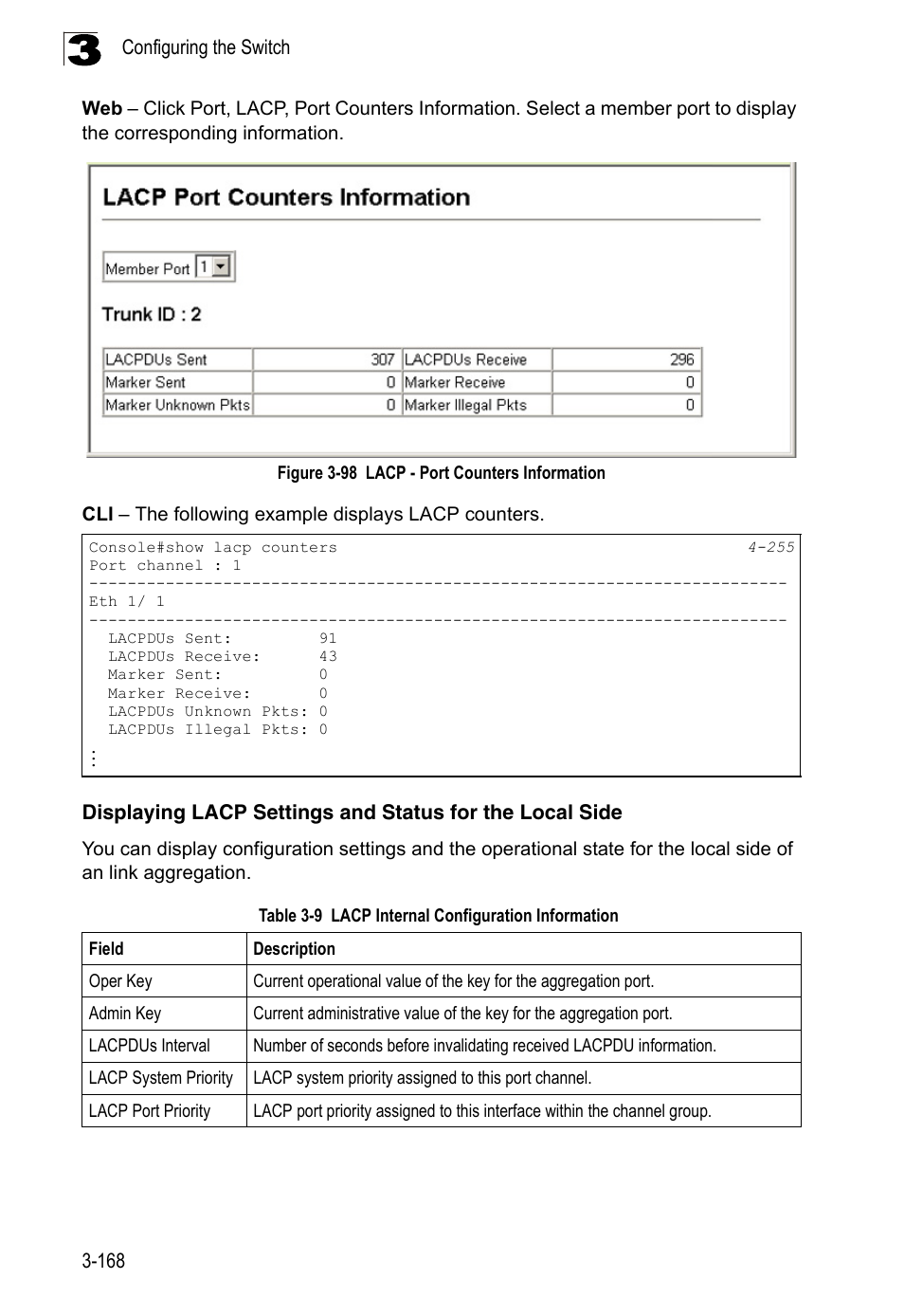 Table 3-9, Lacp internal configuration information, Figure 3-98 | Lacp - port counters information | LevelOne FGL-2870 User Manual | Page 222 / 800