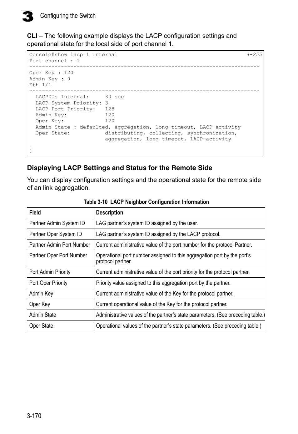 Table 3-10, Lacp neighbor configuration information | LevelOne FGL-2870 User Manual | Page 224 / 800
