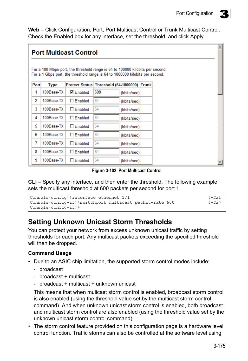 Setting unknown unicast storm thresholds, Figure 3-102, Port multicast control | LevelOne FGL-2870 User Manual | Page 229 / 800