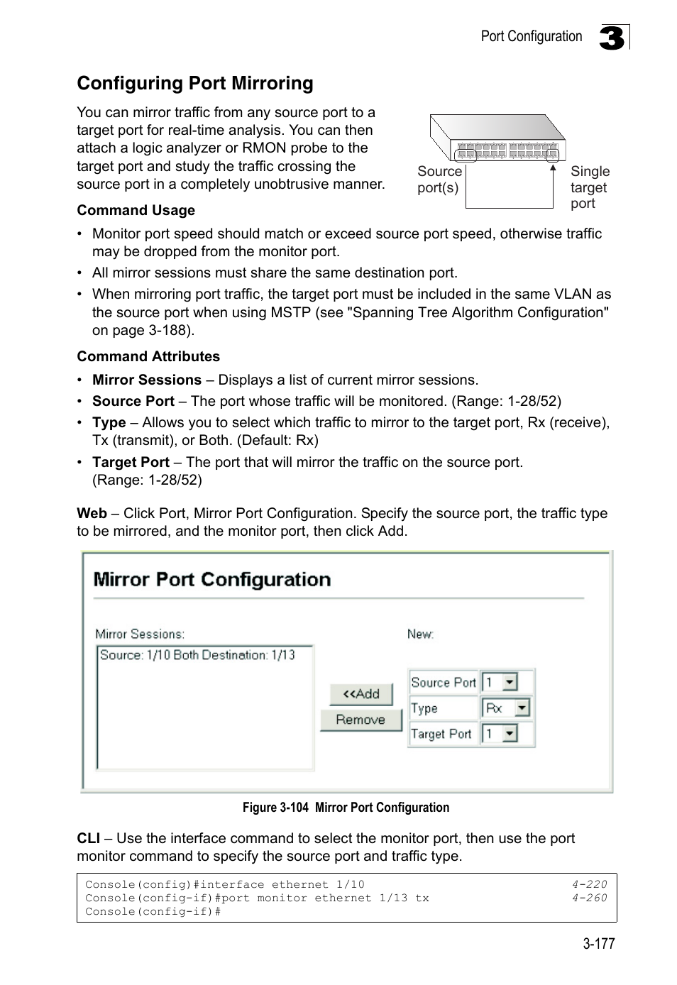 Configuring port mirroring, Figure 3-104, Mirror port configuration | LevelOne FGL-2870 User Manual | Page 231 / 800