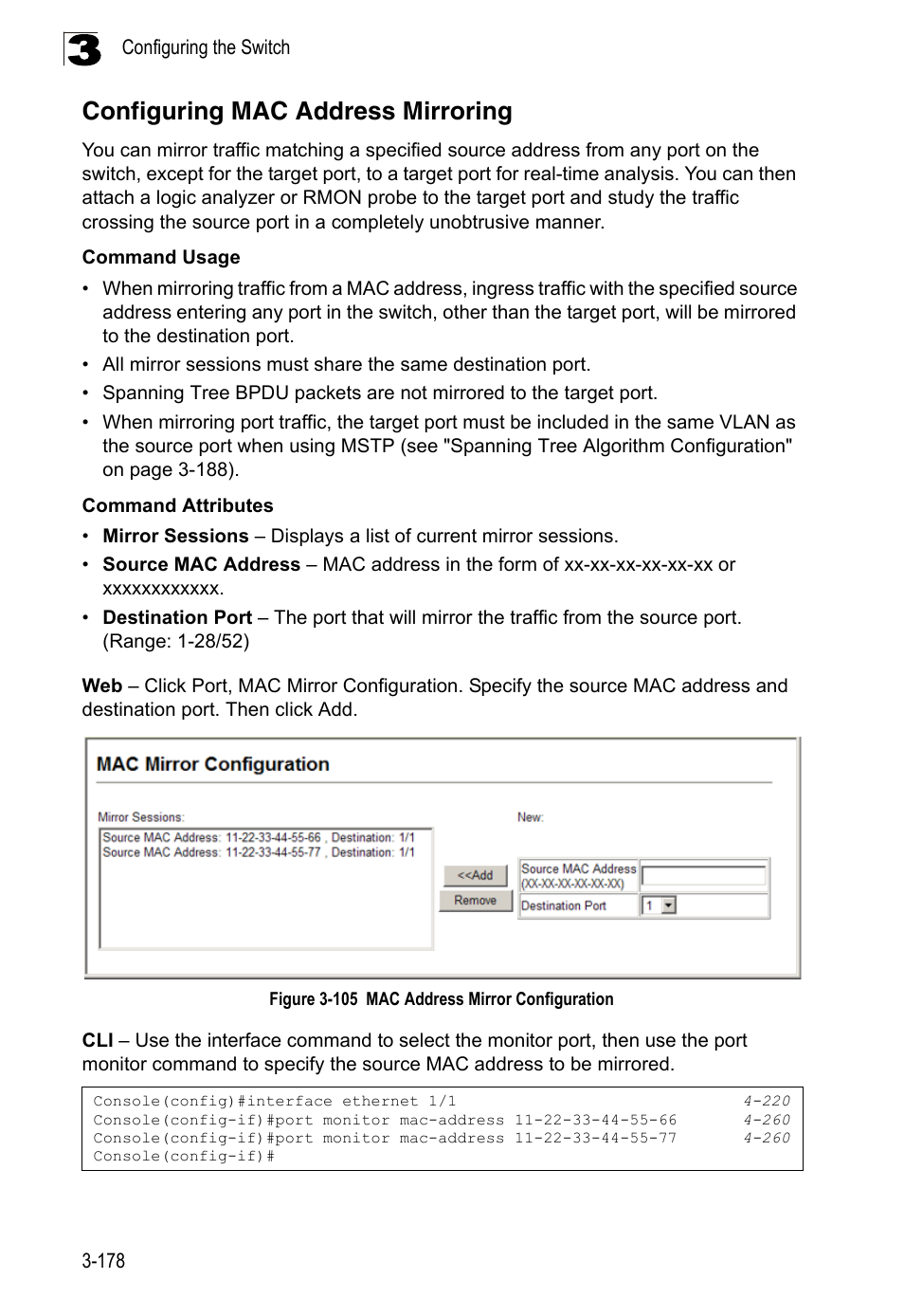 Configuring mac address mirroring, Figure 3-105, Mac address mirror configuration | LevelOne FGL-2870 User Manual | Page 232 / 800