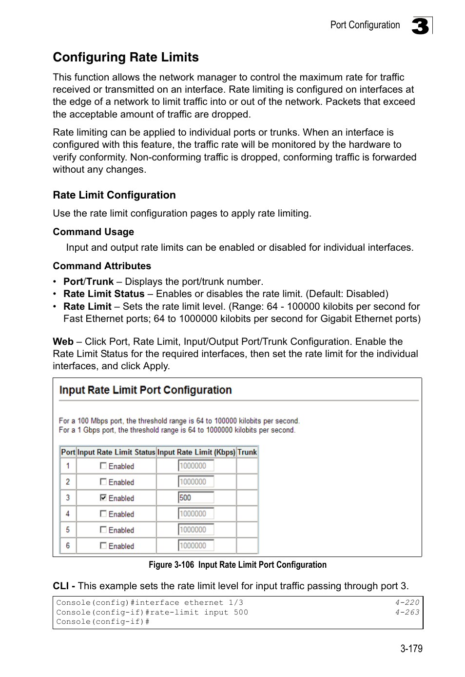 Configuring rate limits, Rate limit configuration, Figure 3-106 | Input rate limit port configuration | LevelOne FGL-2870 User Manual | Page 233 / 800