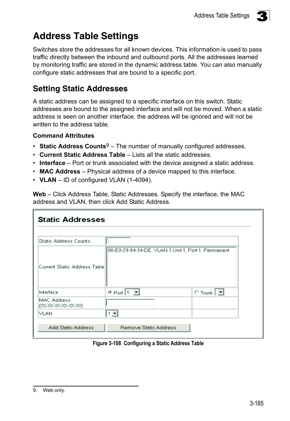 Address table settings, Setting static addresses, Figure 3-108 | Configuring a static address table | LevelOne FGL-2870 User Manual | Page 239 / 800