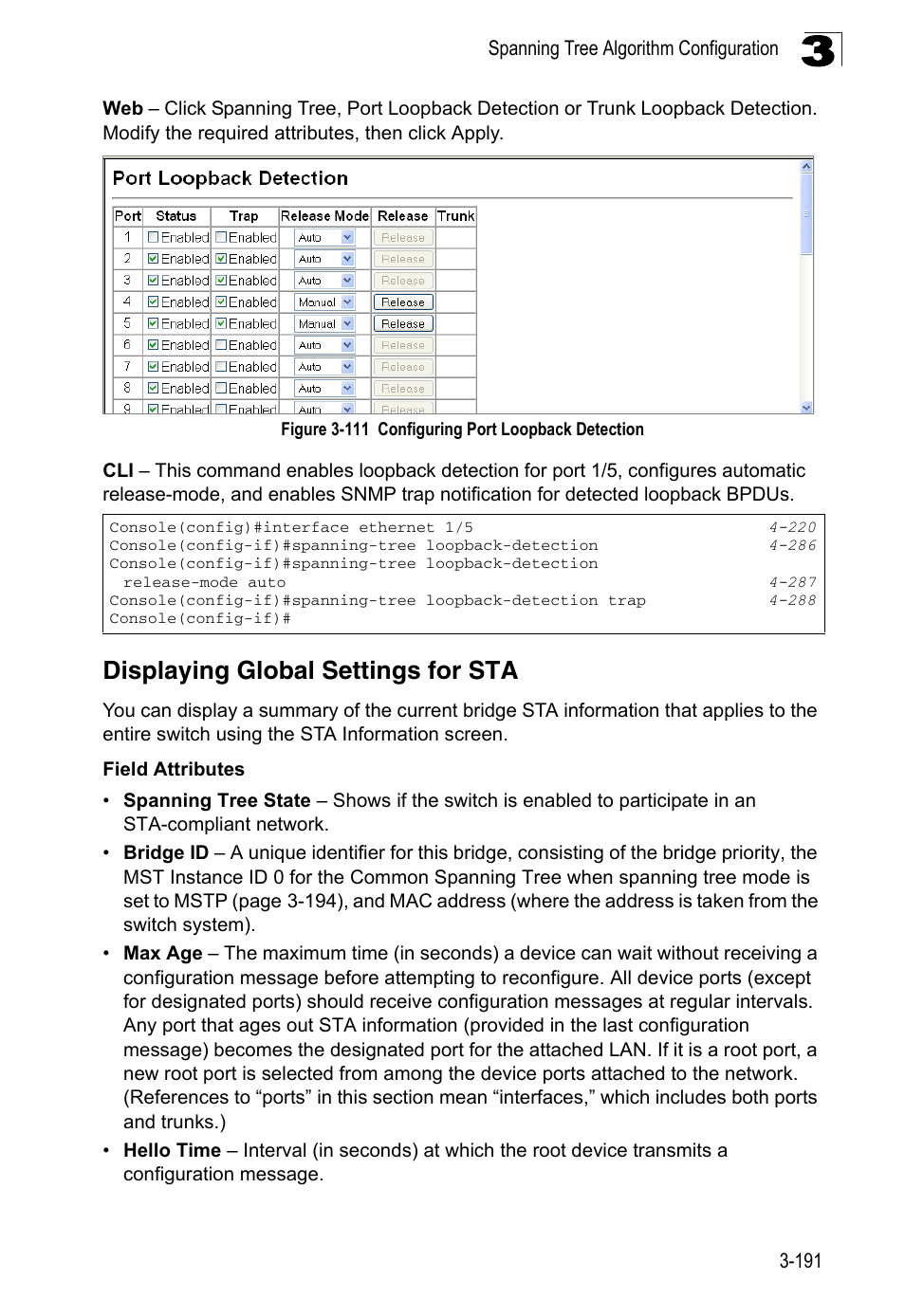 Displaying global settings for sta, Figure 3-111, Configuring port loopback detection | LevelOne FGL-2870 User Manual | Page 245 / 800