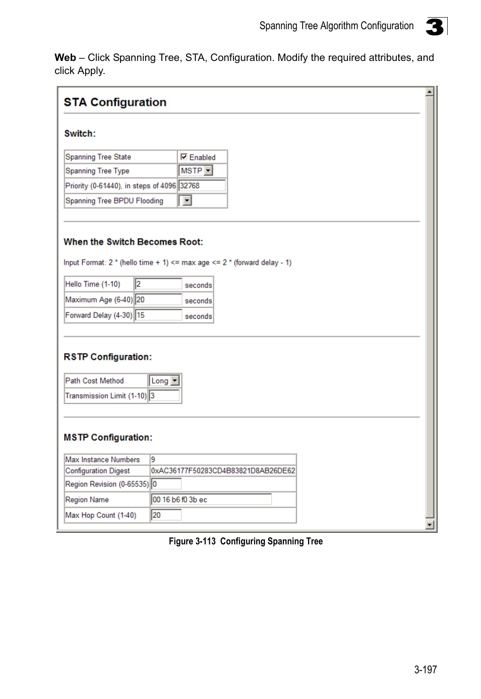 Figure 3-113, Configuring spanning tree | LevelOne FGL-2870 User Manual | Page 251 / 800