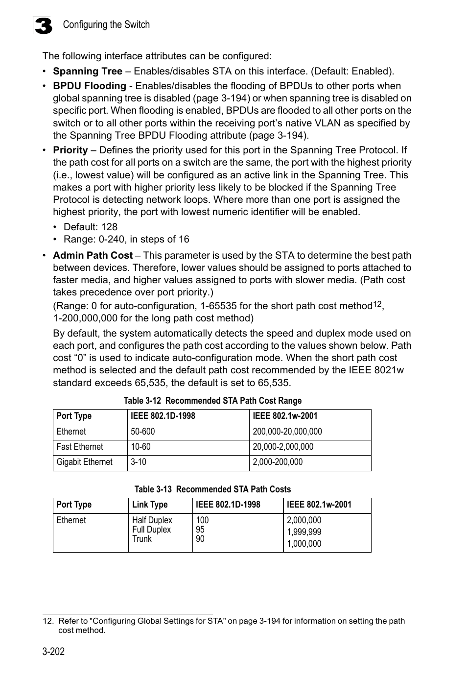 Table 3-12, Recommended sta path cost range, Table 3-13 | Recommended sta path costs | LevelOne FGL-2870 User Manual | Page 256 / 800