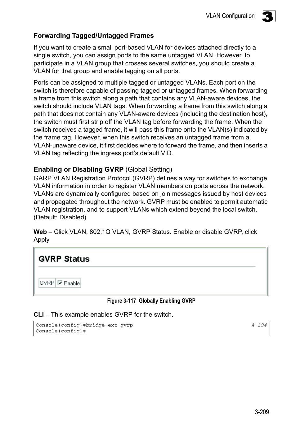 Enabling or disabling gvrp (global setting), Figure 3-117, Globally enabling gvrp | LevelOne FGL-2870 User Manual | Page 263 / 800