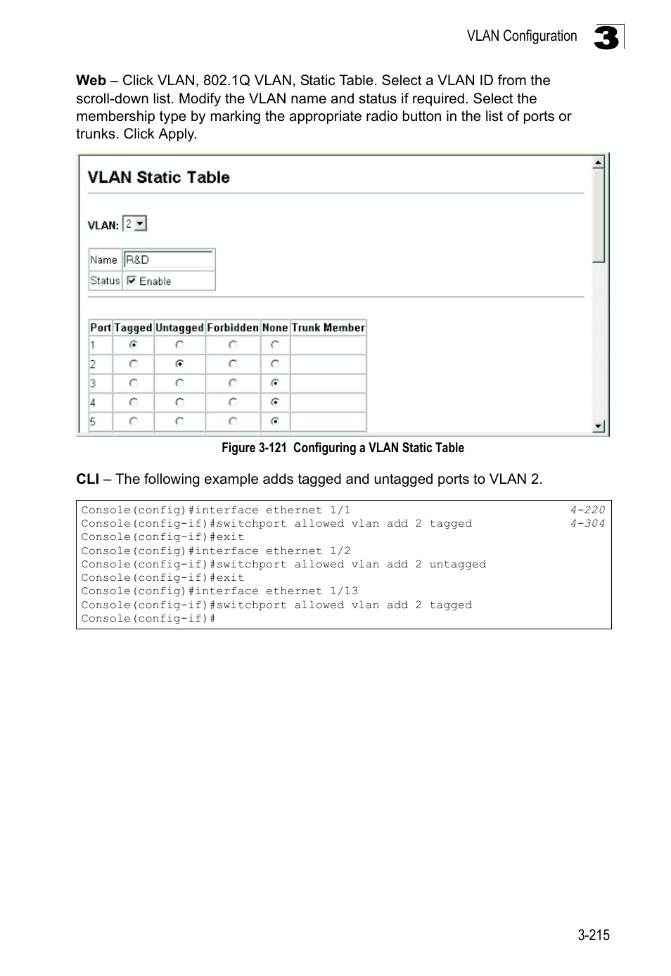 Figure 3-121, Configuring a vlan static table | LevelOne FGL-2870 User Manual | Page 269 / 800