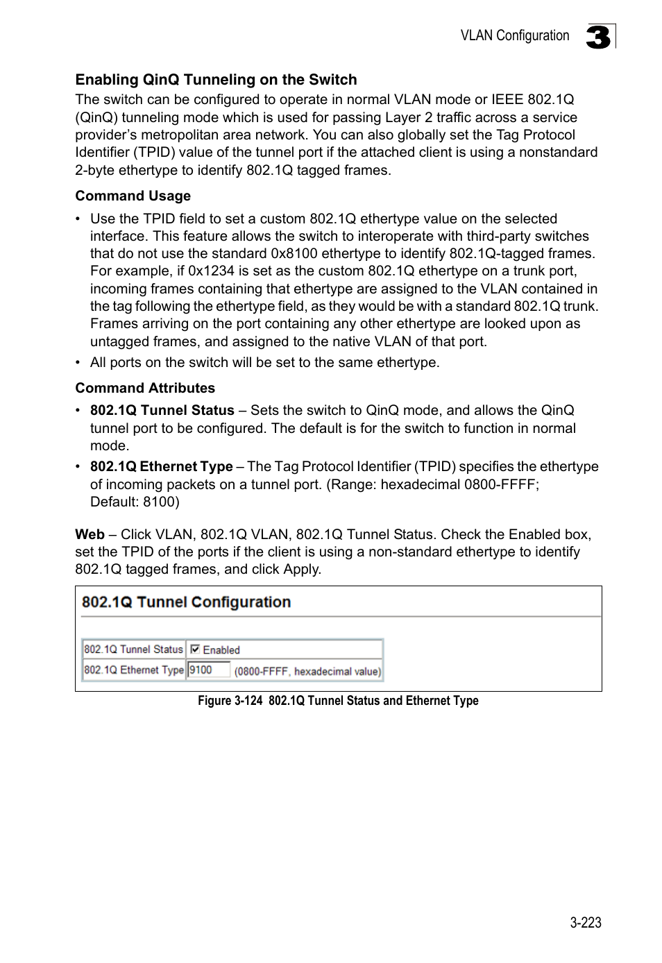 Enabling qinq tunneling on the switch, Figure 3-124, 1q tunnel status and ethernet type | Ee "enabling qinq tunneling on the | LevelOne FGL-2870 User Manual | Page 277 / 800